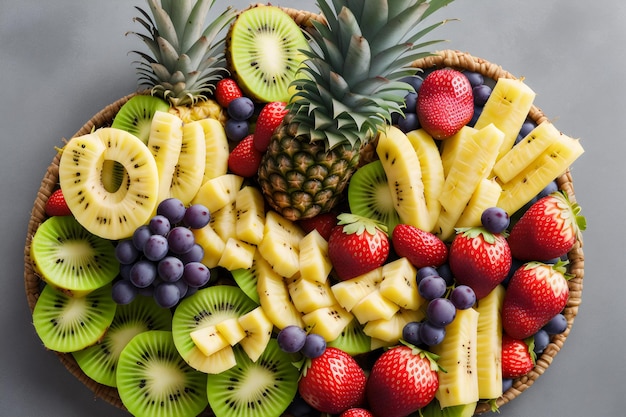 photo raisins fraises ananas kiwi abricot banane et ananas entier