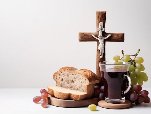 Photo de raisins de pain dans des bols et une tasse de vin sur fond en bois espace pour le texte