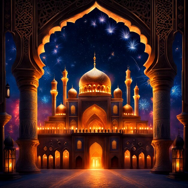 photo ramadan kareem eid mubarak lampe royale élégante avec mosquée porte sainte avec feux d'artifice