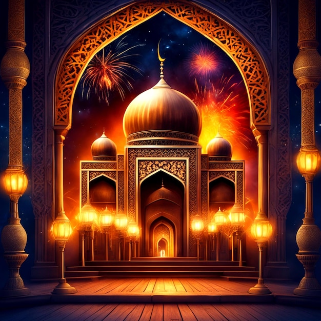 photo ramadan kareem eid mubarak lampe royale élégante avec mosquée porte sainte avec feux d'artifice