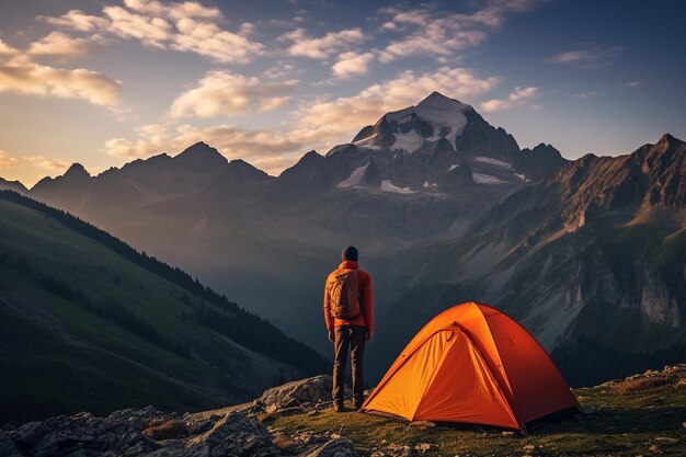 photo de randonneur au camping devant la tente orange et le sac à dos dans les montagnes