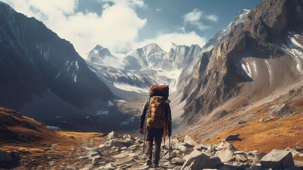 Une photo d'un randonneur traversant une montagne rocheuse