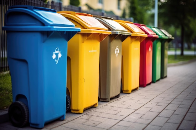 Une photo d'une rangée de bacs de recyclage dans un parc urbain bien entretenu Generative AI