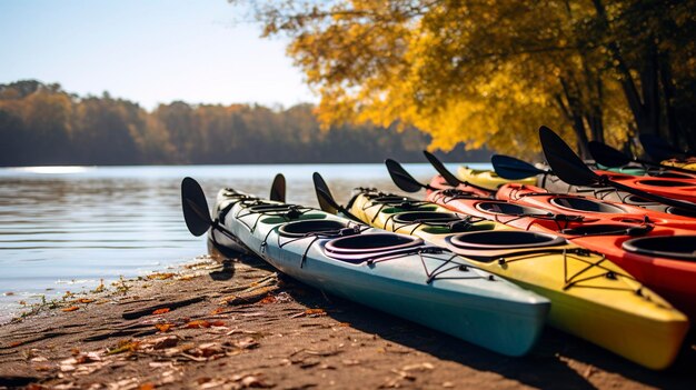 Une photo d'une rangée de kayaks colorés sur une rive de rivière