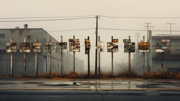 Une photo d'une rangée de signes de rue identiques à l'arrière-plan urbain