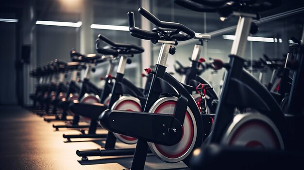 Une photo d'une rangée de vélos stationnaires dans une classe de spin