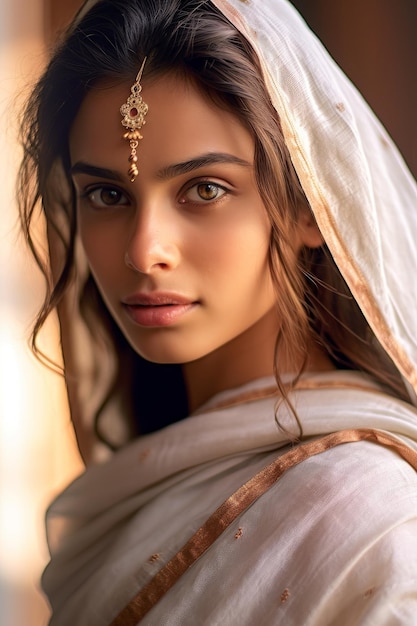 Une photo rapprochée d'une belle femme dans un sari blanc