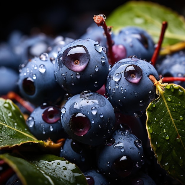 Une photo rapprochée de bleuets frais avec des gouttes d'eau