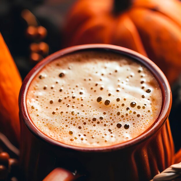 Une photo rapprochée d'une boisson festive d'Halloween à la citrouille orange