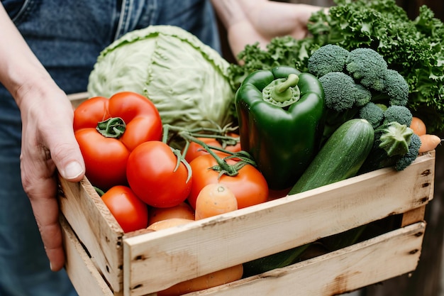 photo rapprochée d'une boîte avec des légumes dans les mains