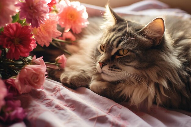 Une photo rapprochée d'un chat reposant à côté d'un bouquet de pioies