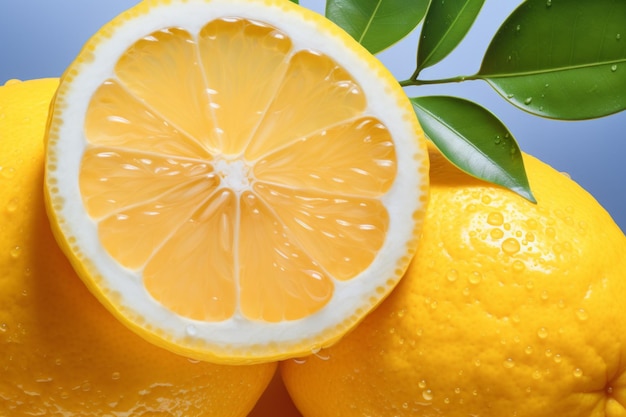 Photo une photo rapprochée d'un citron coupé en deux avec des gouttes d'eau sur la peau