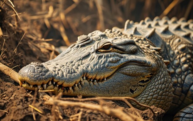 Une photo rapprochée d'un crocodile qui niche sur la rive d'une rivière