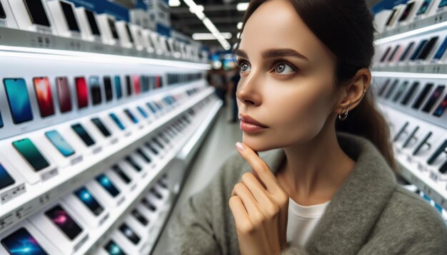 Photo une photo rapprochée d'une curieuse femme caucasienne navigant dans des allées bien éclairées présentant les derniers appareils électroniques.