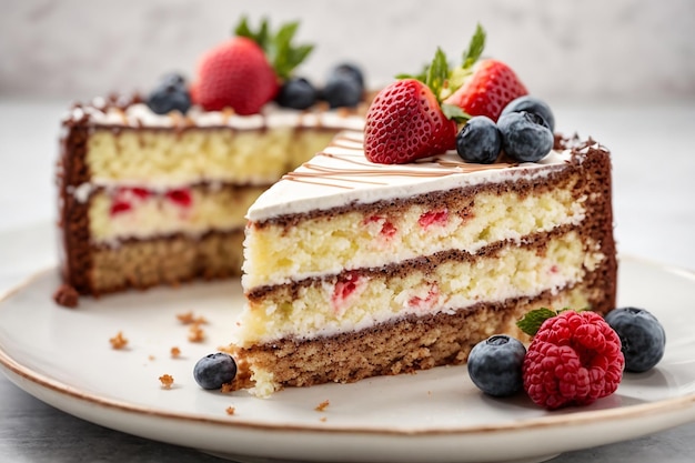 Une photo rapprochée d'un délicieux gâteau sur le fond blanc