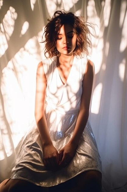 Une photo rapprochée d'une femme assise dans une robe blanche