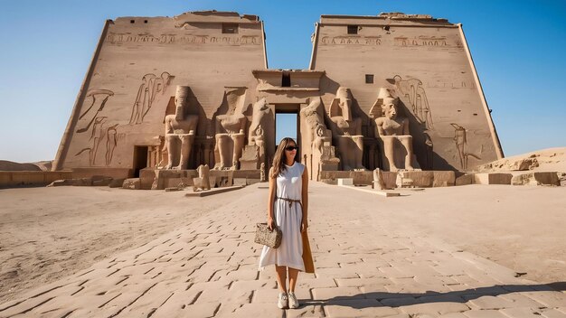 Une photo rapprochée d'une femme debout devant un temple de Medinet Habu en Égypte