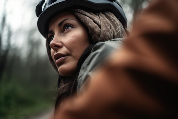 Une photo rapprochée d'une femme à vélo en plein air créée avec l'IA générative