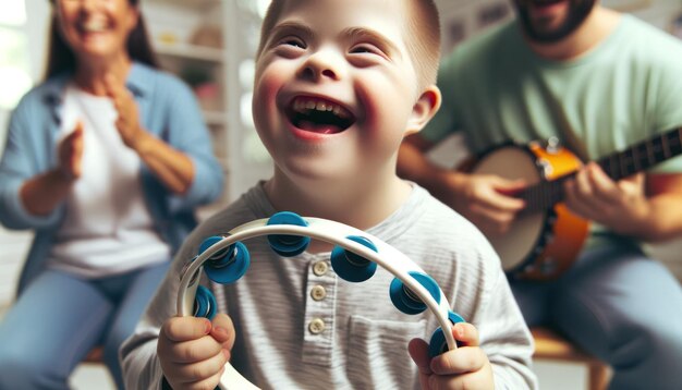 Une photo rapprochée d'un garçon atteint du syndrome de Down, son visage rayonnant de joie alors qu'il joue avec enthousiasme du tambourin.