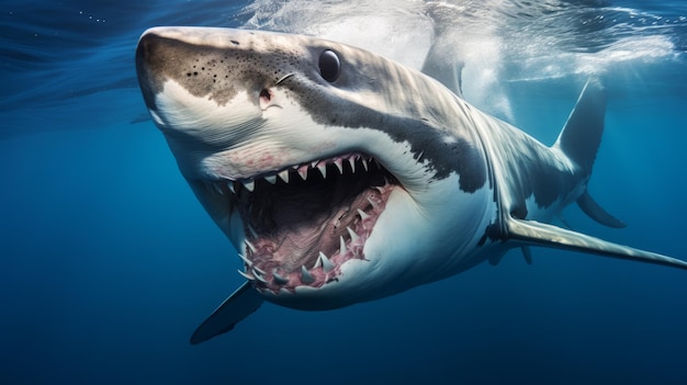 Une photo rapprochée d'un grand requin blanc générée par l'IA