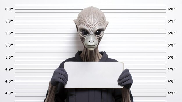 Une photo rapprochée d'une grande figure extraterrestre tenant un panneau de nom vide contre un alignement de police standard