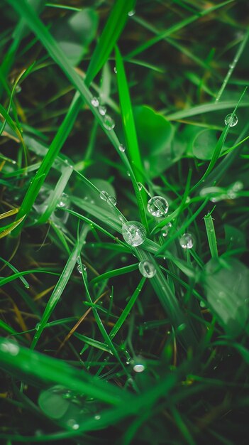 Une photo rapprochée de l'herbe après la pluie