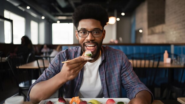 Photo photo rapprochée d'un homme afro-américain mangeant du sushi dans un restaurant