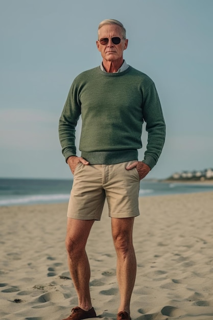 Une photo rapprochée d'un homme debout sur la plage en pull et en short kaki