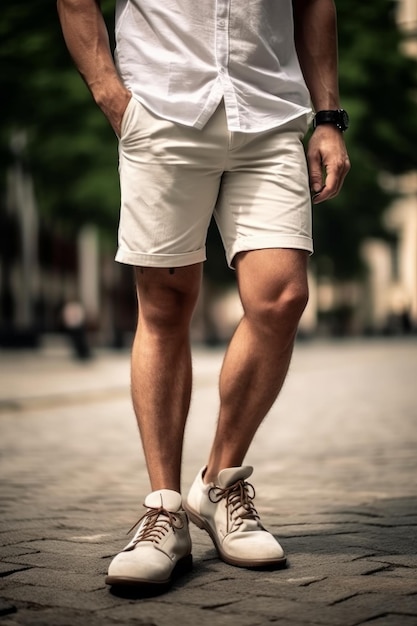 Une photo rapprochée d'un homme portant une chemise blanche, des shorts bruns foncés et des baskets