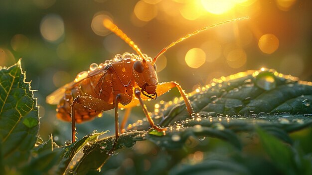 Une photo rapprochée d'un insecte perché sur le feuillage avec la lumière du soleil diffusée