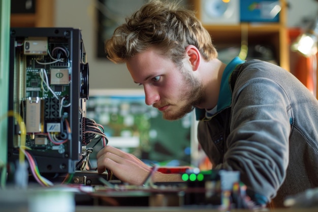 Une photo rapprochée d'un jeune homme déterminé construisant un ordinateur sur un poste de travail
