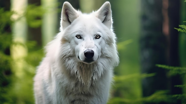 photo rapprochée loup blanc avec fond forestier