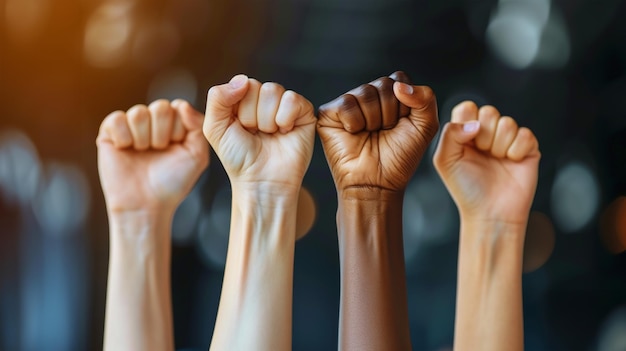 Une photo rapprochée de mains levées de personnes multiraciales serrées dans des poings à l'arrière-plan flou