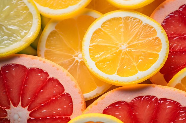 Une photo rapprochée d'un marché de fruits d'orange et de pamplemousse tranchés