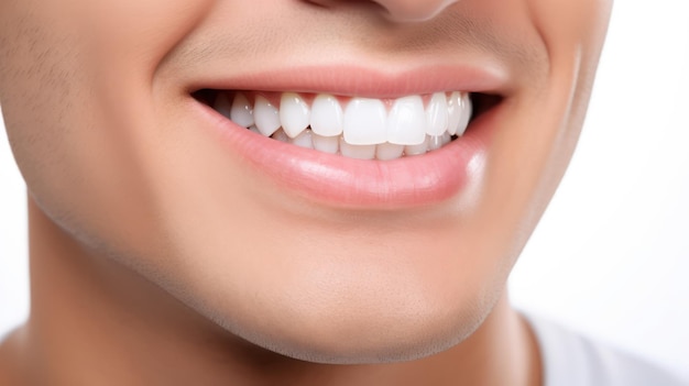 Une photo rapprochée de la partie inférieure d'un visage masculin beau sourire mignon avec des dents parfaites très propres