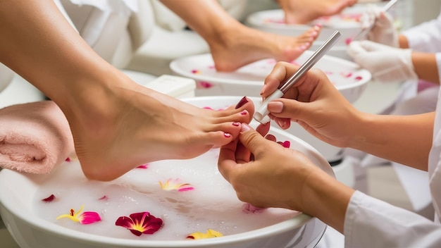 Une photo rapprochée d'un pied féminin au salon de spa lors d'une procédure de pédicure