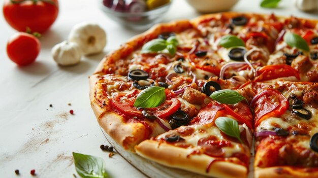 Une photo rapprochée d'une pizza suprême sur une table blanche