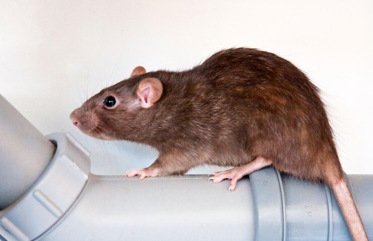 Photo une photo rapprochée d'un rat brun debout sur un tuyau d'eau bleu à la recherche de quelque chose.