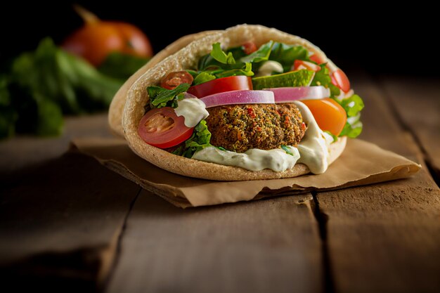 Photo une photo rapprochée d'un sandwich au falafel sur la table