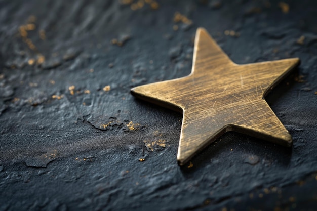 Une photo rapprochée d'un symbole d'étoile dorée minimaliste sur un fond de texture sombre