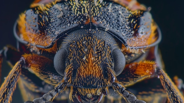Une photo rapprochée de la tête d'un coléoptère révélant les minuscules poils sensoriels sur ses antennes et ses pattes