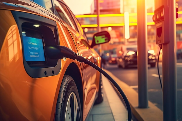 Une photo rapprochée d'une voiture électrique en train de se charger à une station-service