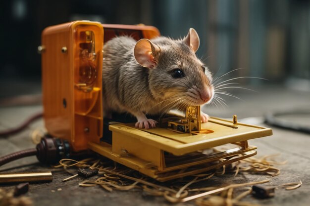 Photo d'un rat blanc avec des trains jouets et des locomotives