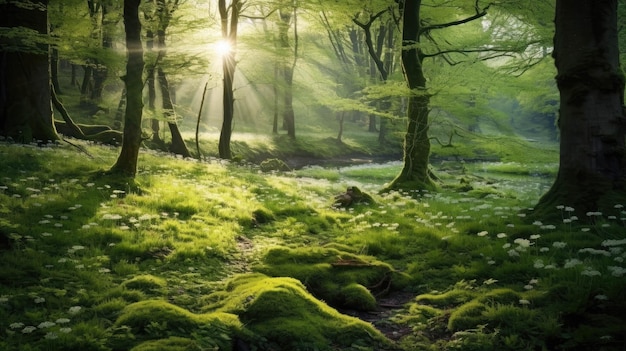 Photo de rayons de soleil filtrant à travers des arbres verdoyants dans une forêt sereine
