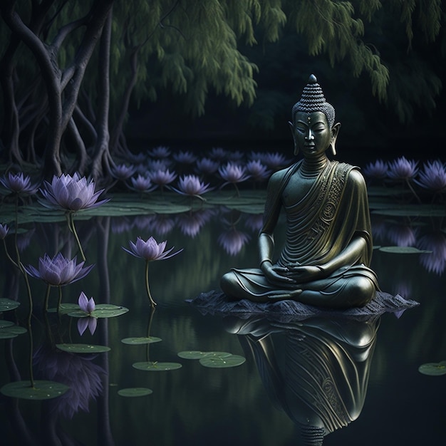 Photo photo realistc bouddhiste médite par lotus pond tranquille harmonie générative ai