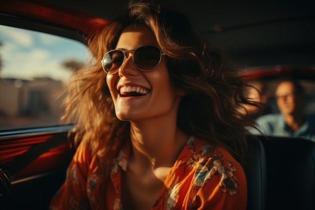 Une photo réaliste d'amis qui rient et sourient lors d'un voyage au coucher du soleil avec une nouvelle AI générative de voiture