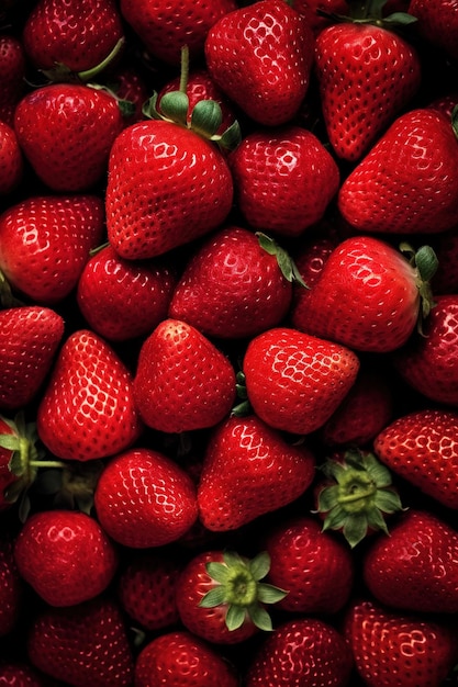 Photo réaliste d'un bouquet de fraises en vue du dessus d'un paysage fruitier