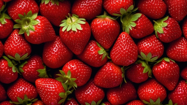 Photo réaliste d'un bouquet de fraises en vue du dessus d'un paysage fruitier