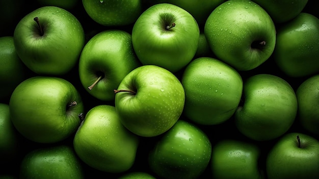 Photo réaliste d'un bouquet de pommes vertes en haut du paysage fruitier