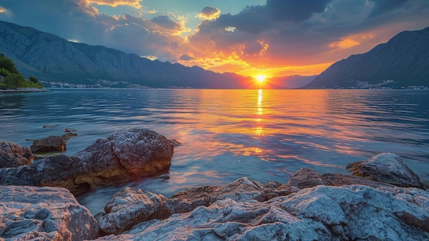 Photo réaliste capturant la baie de Kotor au coucher du soleil le ciel peint avec des teintes